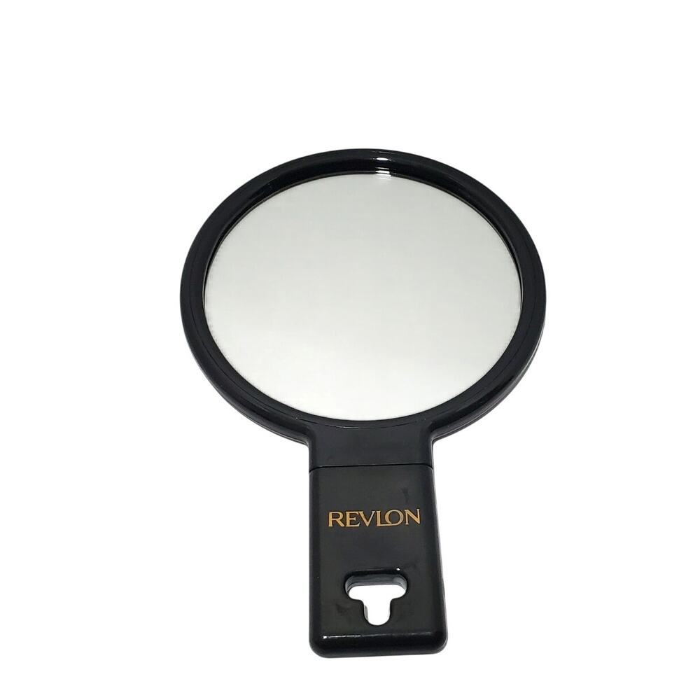 Vtg Revlon Black Bendable Handle Handheld / Hangable Mirror 5" Round x 7" Tall